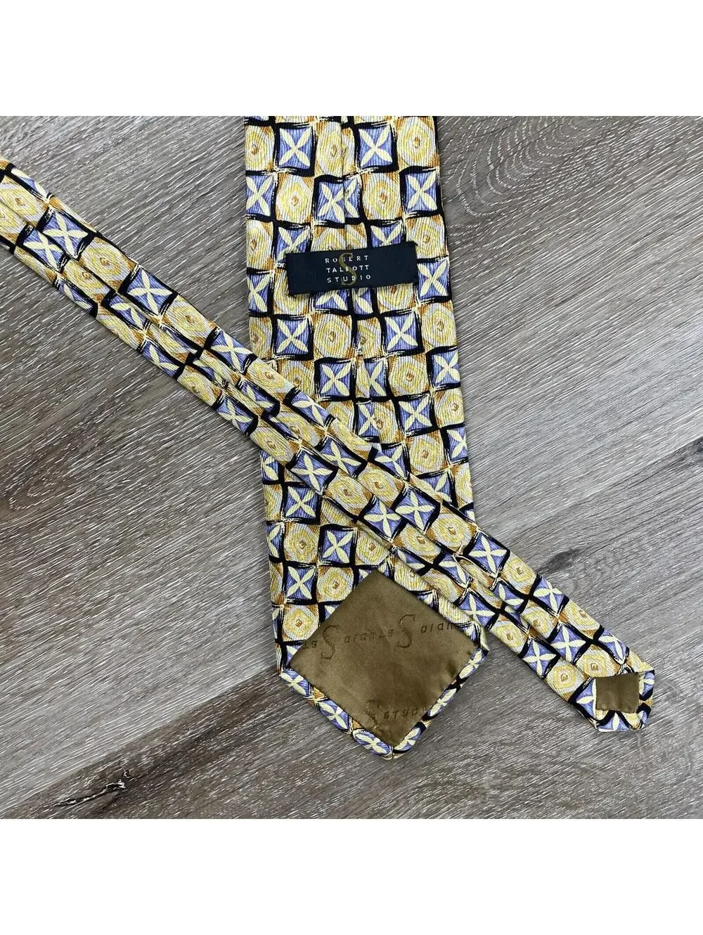 Robert Talbott Studio Tie Gold Blue Floral Geometric Handmade USA Necktie